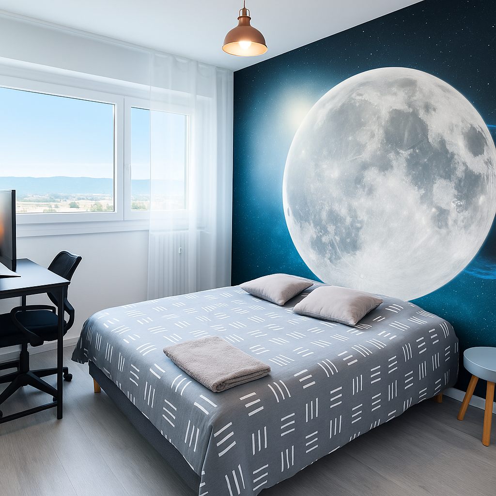 Chambre rénovée avec décor mural lune